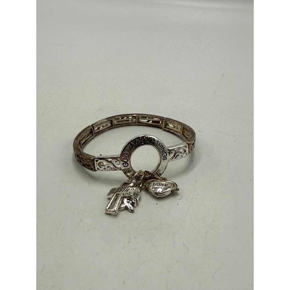 God Makes All Things Possible Stretch Charm Bracelet Silver Tone Faith Cross